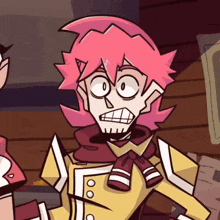 a cartoon character with pink hair and a scarf around his neck looks surprised