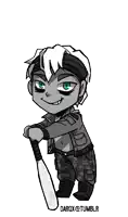 a black and white drawing of a person holding a bat with darox @ tumblr written below it