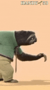 a sloth wearing a green shirt and khaki pants is standing in front of a handy 53 sign