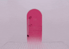 a woman in a white jumpsuit is walking through a pink archway .