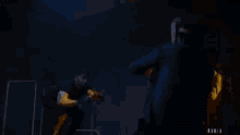 a person is standing in a dark room with a lot of smoke and a light shining on them .