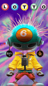 a cartoon character with headphones and a pool ball with the number six on it