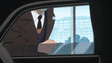 a man in a suit and tie is looking out the window of a car
