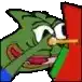 a pixel art drawing of a green frog holding a red object in its mouth .