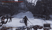 a screenshot of a video game shows a character with a sword in a snowy forest