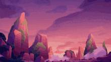 a cartoon drawing of a landscape with mountains and trees