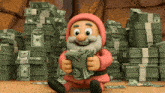 a cartoon character holding a bunch of money in front of stacks of money