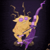 a cartoon monster is playing a purple guitar and a violin .