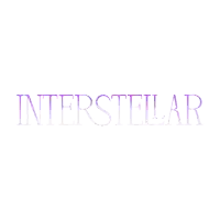the word interstellar is written in purple letters