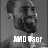 a black and white photo of a shirtless man with the words amd user on his chest .