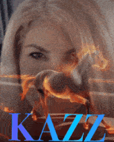 a picture of a white horse with the name kazz in blue