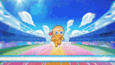 a gingerbread cookie is running on a track in a stadium