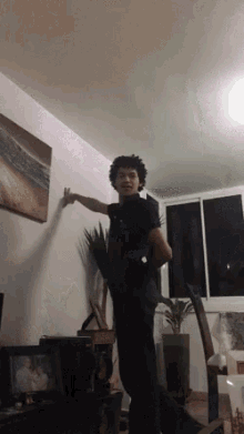 a man in a black shirt is standing in a living room .
