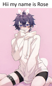 a drawing of a boy with bunny ears and the words " hii my name is rose "