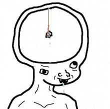 a black and white drawing of a person with a fishing rod in their head .