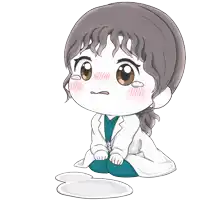 a cartoon drawing of a woman in a lab coat and scrubs