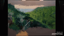 a painting of a couple standing on a balcony made in animotica