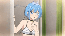 a girl with blue hair and a choker is standing in a closet