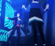 two anime characters dancing in front of a mirror