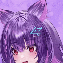 a close up of a girl with purple hair and red eyes with a blue x on her hair