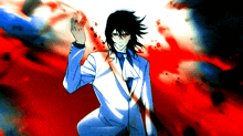 a man in a white suit and tie is standing in front of a red background