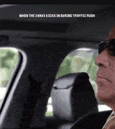 a man in a car with the words when the xanax kicks in during traffic rush on the bottom