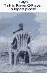 a man is sitting in a chair with the words guys talk in player 2 player support please on the bottom