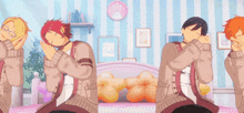 four anime characters are sitting on a bed in a room with a pink clock on the wall