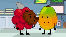 a cartoon illustration of a bear and a mango