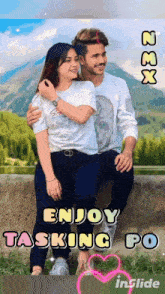 a man and a woman sitting next to each other with the words enjoy tasking po