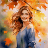a painting of a woman smiling in front of a tree with leaves on it .