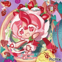 a picture of a cartoon character with hearts on her head and the words our love story could be kinda gory .