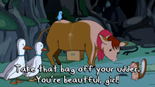 a cartoon of ducks and a cow with the words take that bag off your udder you 're beautiful girl