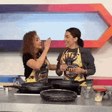 two women are standing next to each other in a kitchen holding pans .