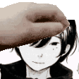 a hand is touching a girl 's head in a black and white image .