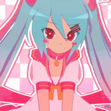 a girl with blue hair and red eyes has a necklace around her neck