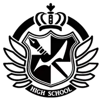 a black and white logo for a high school with a pen and a crown