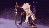 a cartoon character is holding a large sword