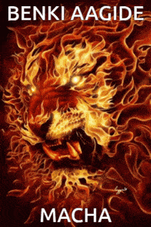 a painting of a lion with the words benki aagide macha written below it