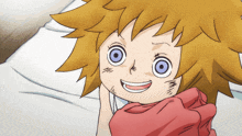 a cartoon character with yellow hair and purple eyes