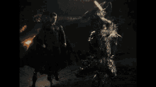 a painting of a person holding a sword in a dark room