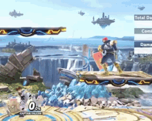captain falcon is playing a video game with a waterfall in the background ..