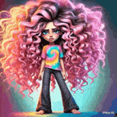 a cartoon girl with long pink curly hair wearing a tie dye shirt and jeans