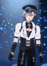 a cartoon character is wearing a black and white outfit with a belt that says ' x ' on it