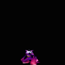 a purple cartoon character is standing in front of a red brick .