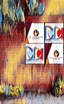 a painting of a brick wall with a few squares that say cc