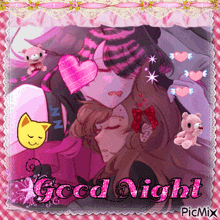 a picture of a girl hugging another girl with the words " good night " on the bottom