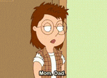 a cartoon girl with glasses is standing in front of a door and says mom dad .