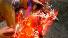 a cartoon character is being attacked by a monster with red flames coming out of it 's mouth