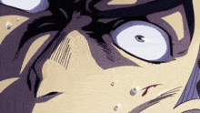 a close up of a cartoon character 's face with a purple eye